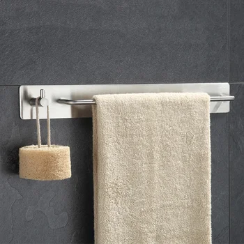 

Brushed Nickel Towel Bar Holder with Hook Hanger, No Drill Self Adhesive Hand Towel Bar Holder, Modern Bathroom Kitchen 304 Stai