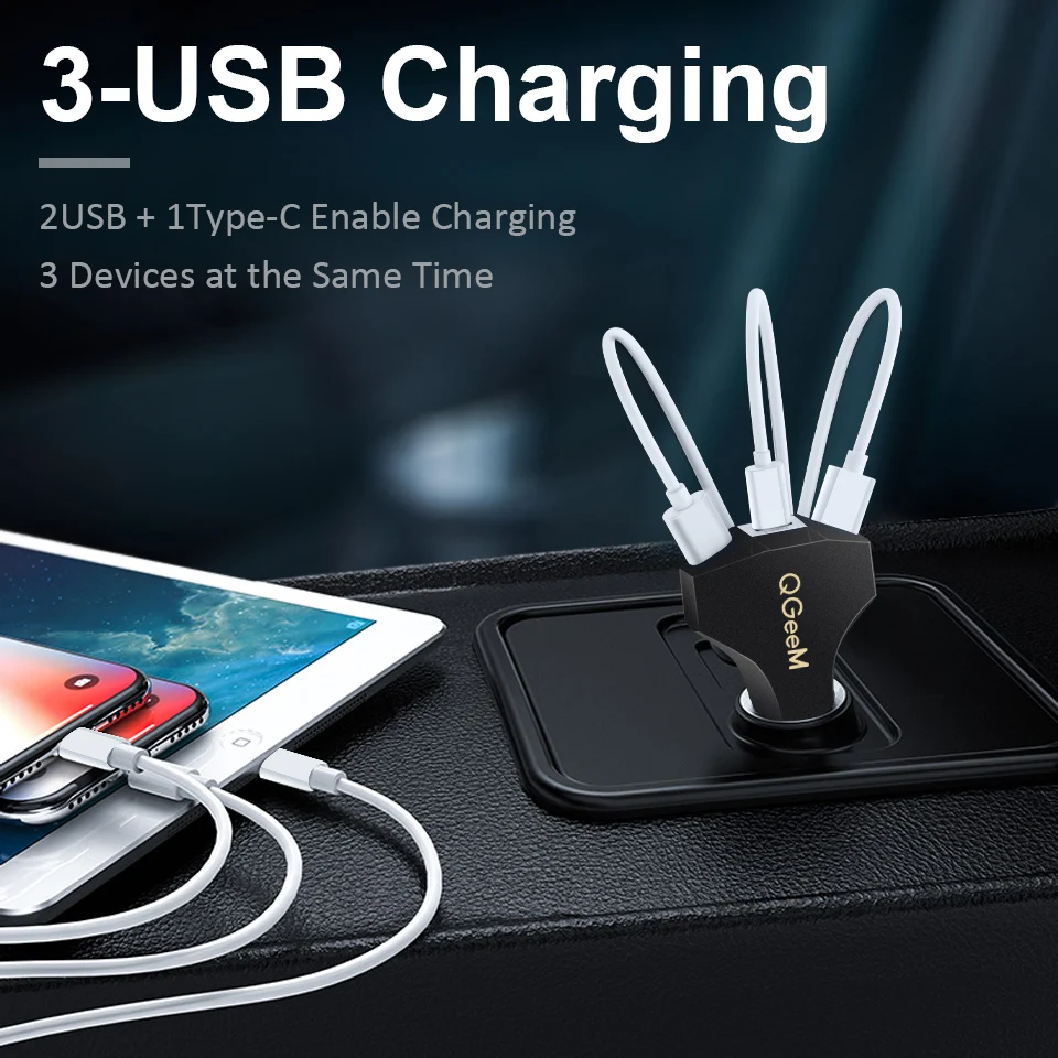 QGEEM USB C автомобильное зарядное устройство Quick Charge 3,0 Авто Тип C быстрое автомобильное зарядное устройство адаптер молоток 3USB портативное автомобильное зарядное устройство для iPhone Xiaomi