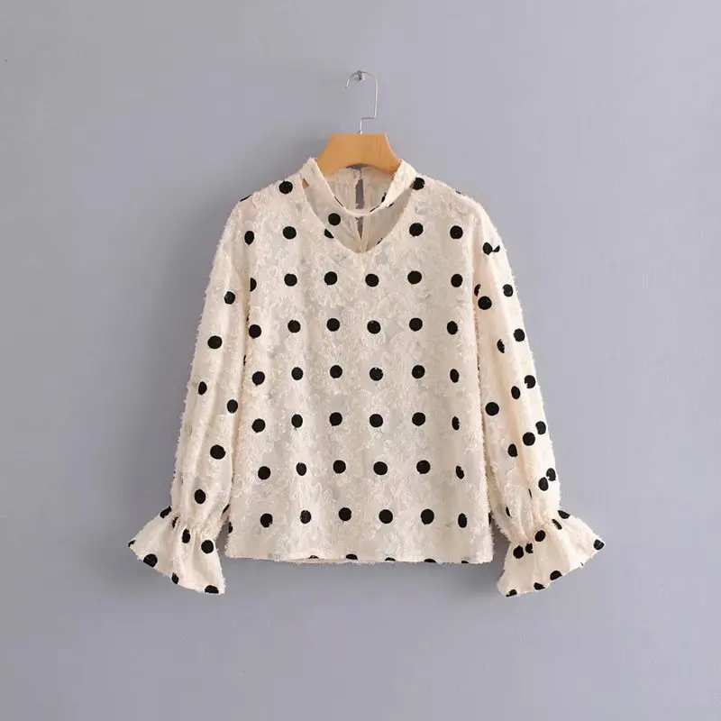 

Polka Dot Printing V Neck Chiffon Smock Women Shirt Leisure Lady Long Sleeves Blouse 2019 Autumn Female Loose Tops S6122