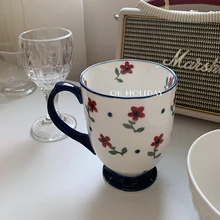 

5.Ins Vintage Dark Blue Ceramic Mug Floral Coffee Cup Breakfast Milk Cup Coffee Mug Mugs Coffee Cups Tazas Кружка Термокружка أ