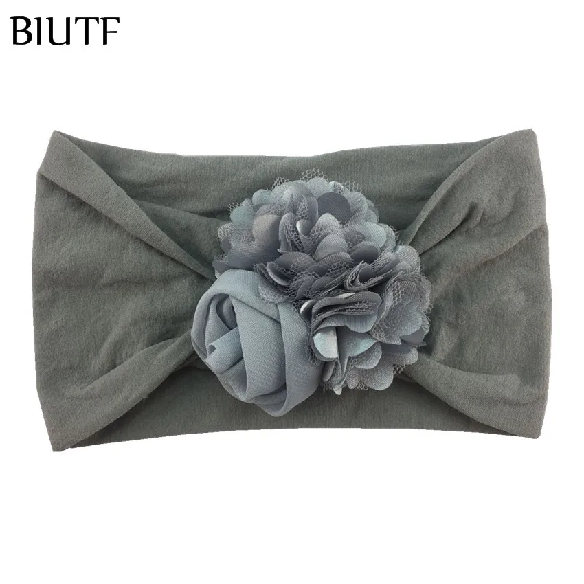 20pcs/lot Chic Headwear Elastic Wide Nylon Headband with Satin Flower Chiffon Rose Kids Photo Props 15 Colors HB105 - Цвет: 2-gray