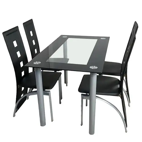 

4pcs High Back Chairs +110CM Transparent Black Dining Table 8mm Tempered Glass Dining Table Set