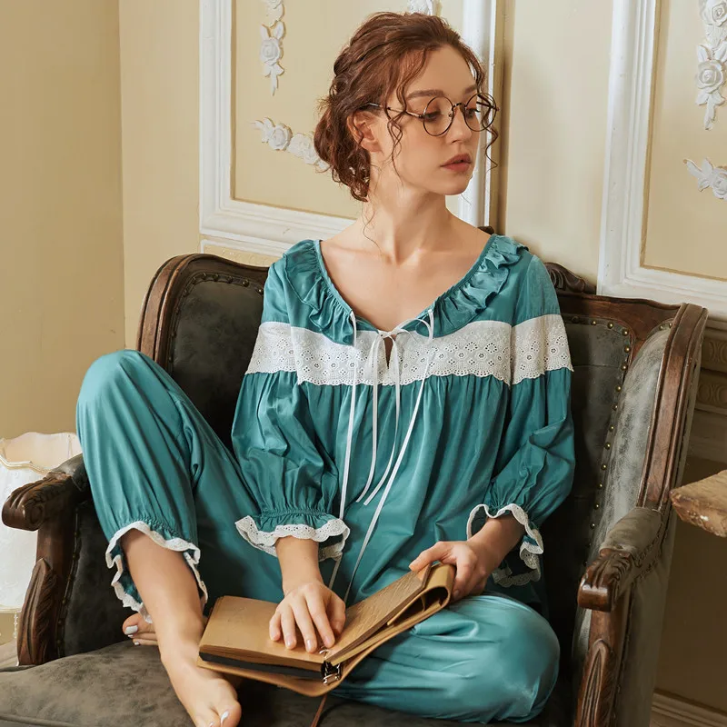 2020 Spring Cotton Cute Sweet Princess Pajamas Set 7-Quarter Sleeve Ruffles Leisure Tops Round Neck Pijama Mujer Home Sleepwear 2020 Spring Cotton Cute Sweet Princess Pajamas Set 7-Quarter Sleeve Ruffles Leisure Tops Round Neck Pijama Mujer Home Sleepwear