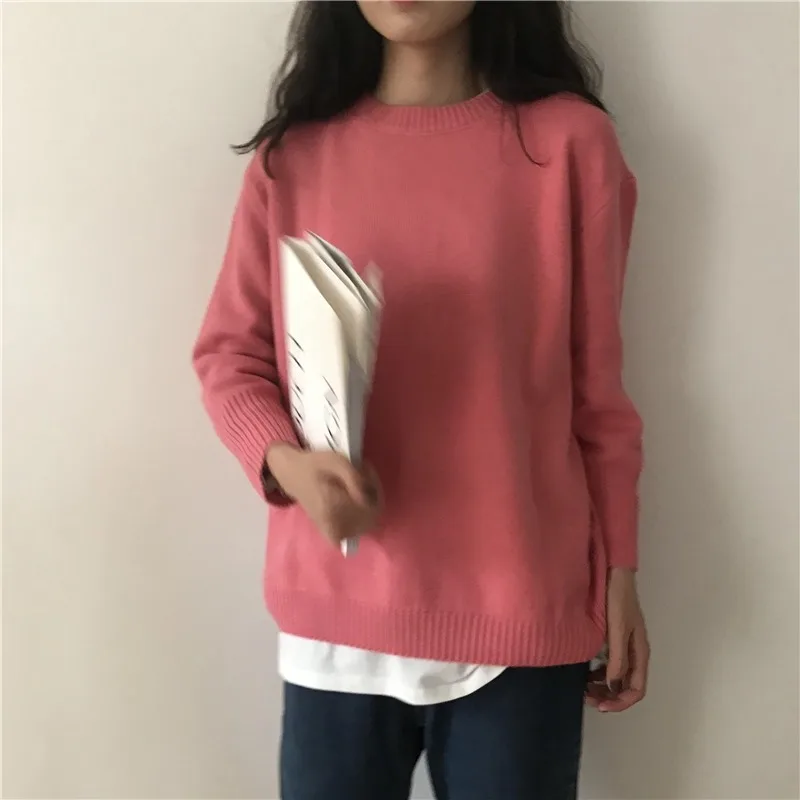 Розовый Colorfaith, новинка, Осень-зима, женские свитера, свободные, минималистичный, корейский стиль, пуловеры, одноцветные, вязаные топы SW839A - Цвет: Розовый