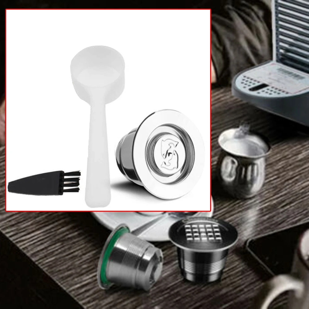 1*Stainless steel coffee capsule+1*Spoon+1*Brush Refillable Reusable Coffee Pod for coffee lovers gift good filtration