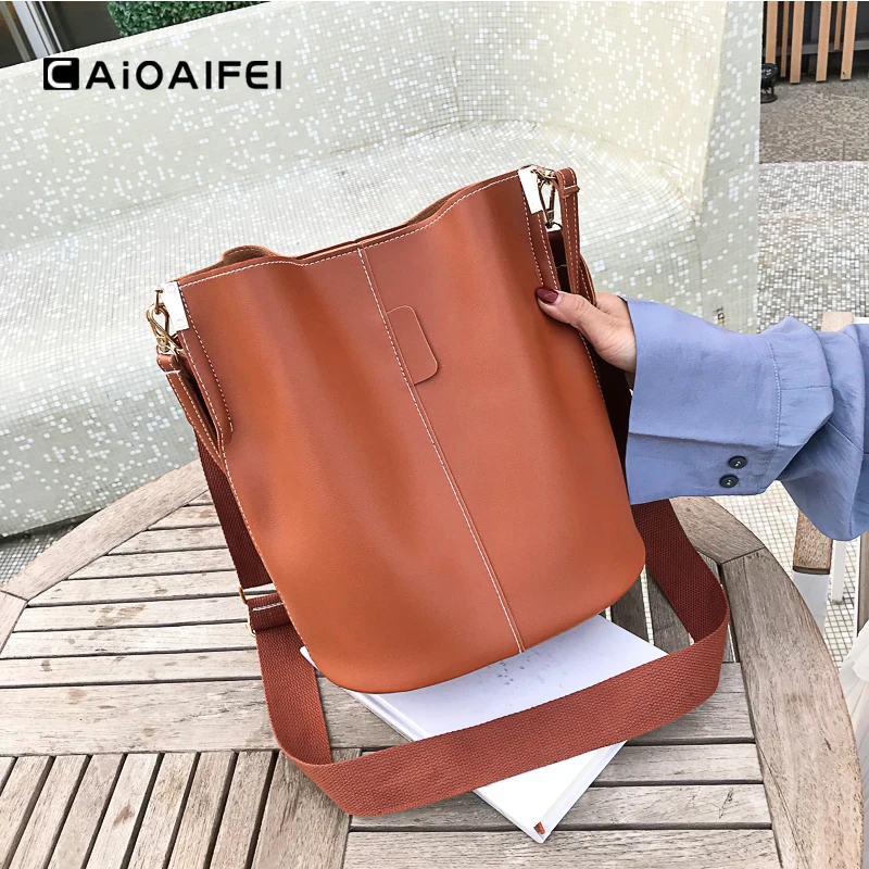 

CAIOAIFEI fashion solid women leather handbags wide shoulder strap bucket bag crossbody bag for women hotsale brand designer bag