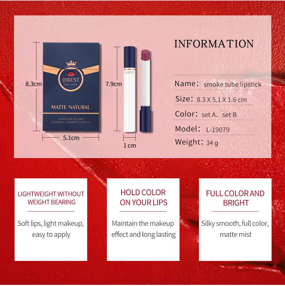 4 цвета, дымовая трубка, губная помада, набор, телесный бархат, водостойкая, матовая, долговечная, шелковистая, гладкая губная помада, портсигар, чехол, губная помада