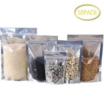 

50Pcs Per Set Clear Aluminum Foil Zip Lock Bag Ziplock Foil Bags Stand Up Silvery Metallic Plastic Bag Pouch for Food Candy