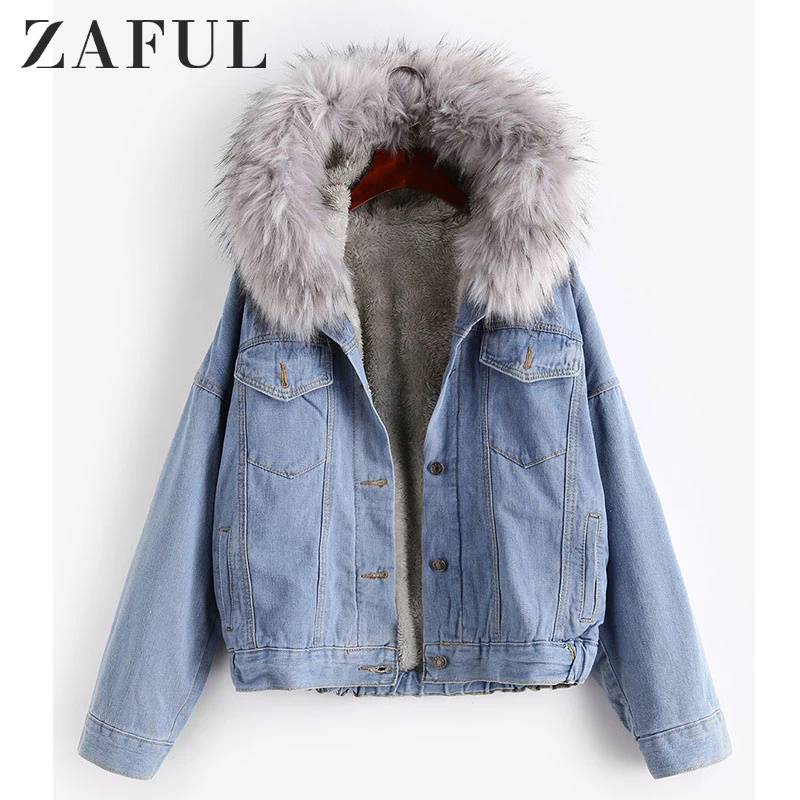 Button up fluffy hooded denim jacket Clearance