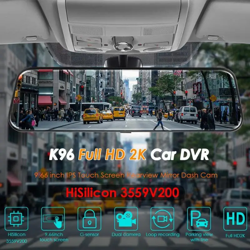 VODOOL K96 Stream Media 2K Full HD Car Rear View Mirror DVR Dashcam Camera Dual Lens 9.66" Touch Screen Night Vision Dash Cam