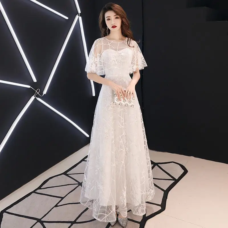 O-Neck Party Dress Cloak Sleeves Women Bride Cheongsam Ankle-Length Wedding Qipao Elegant Long Dresses Gown Vestido XS-XXXL - Цвет: White - Long