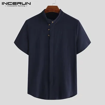 

INCERUN Summer Solid Color Shirt Men Cotton Stand Collar 2020 Button Casual Short Sleeve Brand Blouse Breathable Shirts Men 3XL