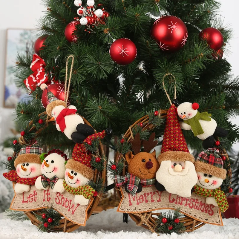 Ротанговый Рождественский венок с 4 плюшевыми куклами Передняя гирлянда для двери праздничные подвески, подвесные украшения для рождественской вечеринки Настенный декор