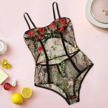 

Women Lingerie Hollow Bodysuit Floral Embroidered Backless Jumpsuit Sleepwear bielizna nocna FJWL