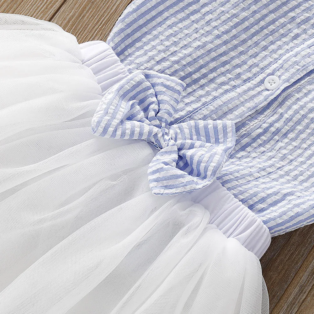 2PCS Set Girls Kids Baby girl striped Ruffle sleeveless Tops+ Lace Tulle Skirt Outfits Clothes set