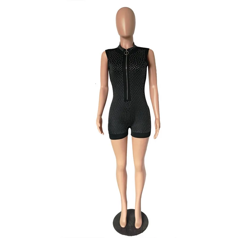 Летние сексуальные стразы вечерние комбинезоны, женские шорты на молнии спереди без рукавов, комбинезон с глубоким v-образным вырезом для ночного клуба