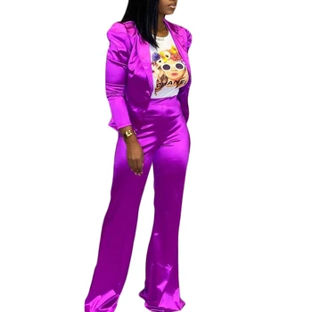 

2019 Stylish Solid Suit Two Piece Sets Button Long Sleeve Coat Top+Wide Pants Matching Sets Plus Size Women Business Outfits