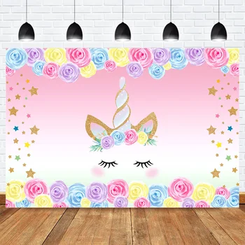 

Floral Unicorn Photography Backdrops Golden Unicorn Birthday Background Glitter Stars Pink Theme Newborn Portrait Backdrop