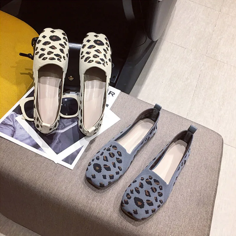 

Boussac Leopard Flat Shoes for Women Vintage Square Toe Knitting Women Flats Shoes Soft Sole Elegant Ladies Shoes SWA0308