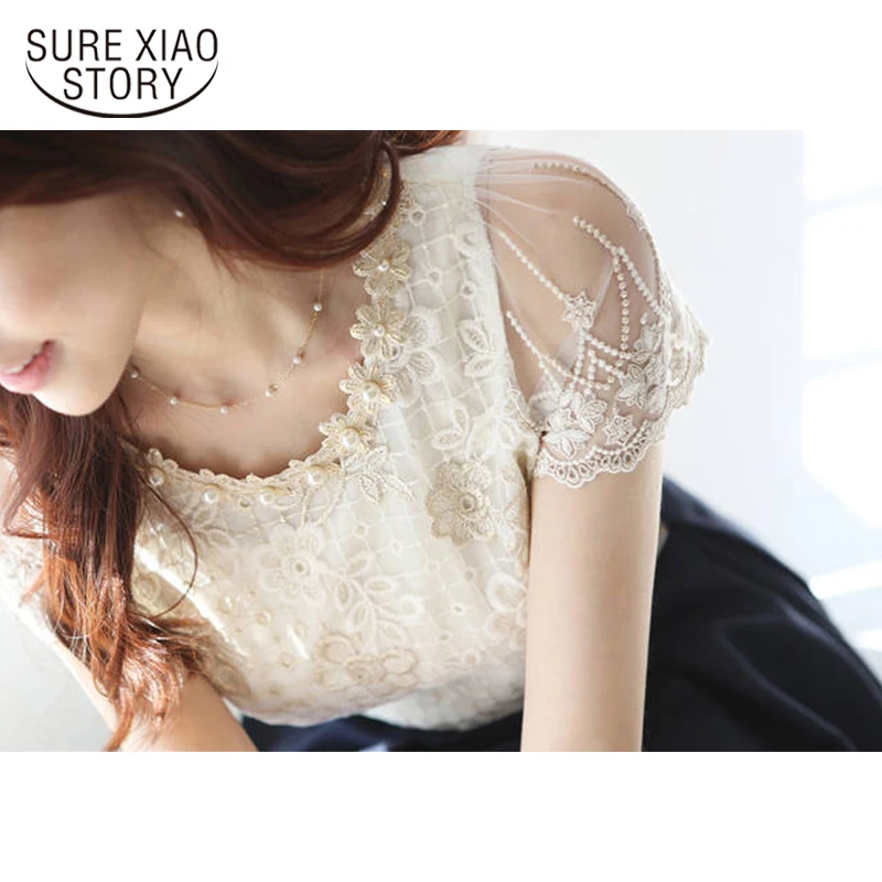 Kaufen 2019 mode Sommer Neue Bieten frauen chiffon hemd spitze top perlen stickerei oansatz frauen Blusen Bluse S XXXL d338A31