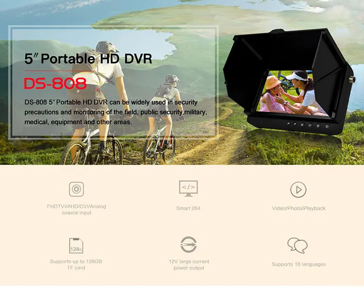 Портативный проводной 1080 P AHD TVI CVI/CVBS гибридный видеорегистратор 5 дюймов козырек устройство записи в режиме реального времени DS-808