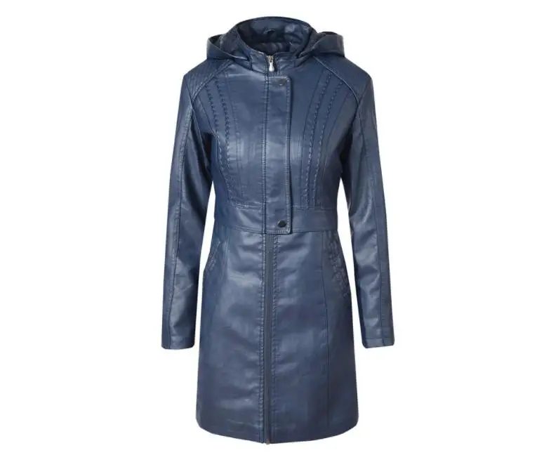 Blue Куртка из искусственной кожи женская модная тонкая Лоскутная Длинная женская куртка на молнии Верхняя одежда для мотоциклистов Туника осенне-зимняя верхняя одежда - Color: Blue