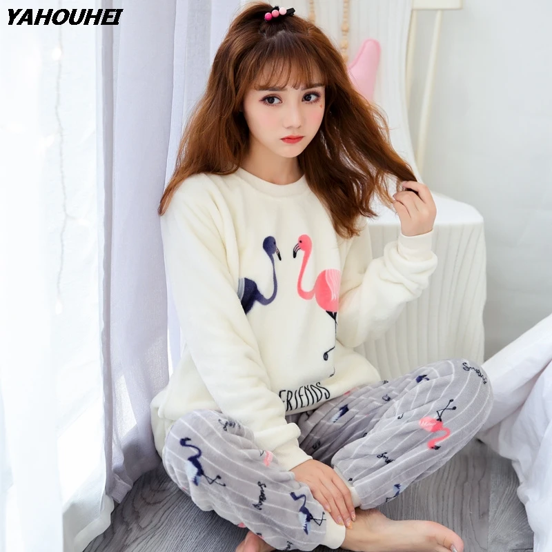 

Thick Warm Soft Flannel Pajamas Sets For Women 2019 Winter Long Sleeve Coral Velvet Pyjama Girls Cute Cartoon Flamingo Sleepwear