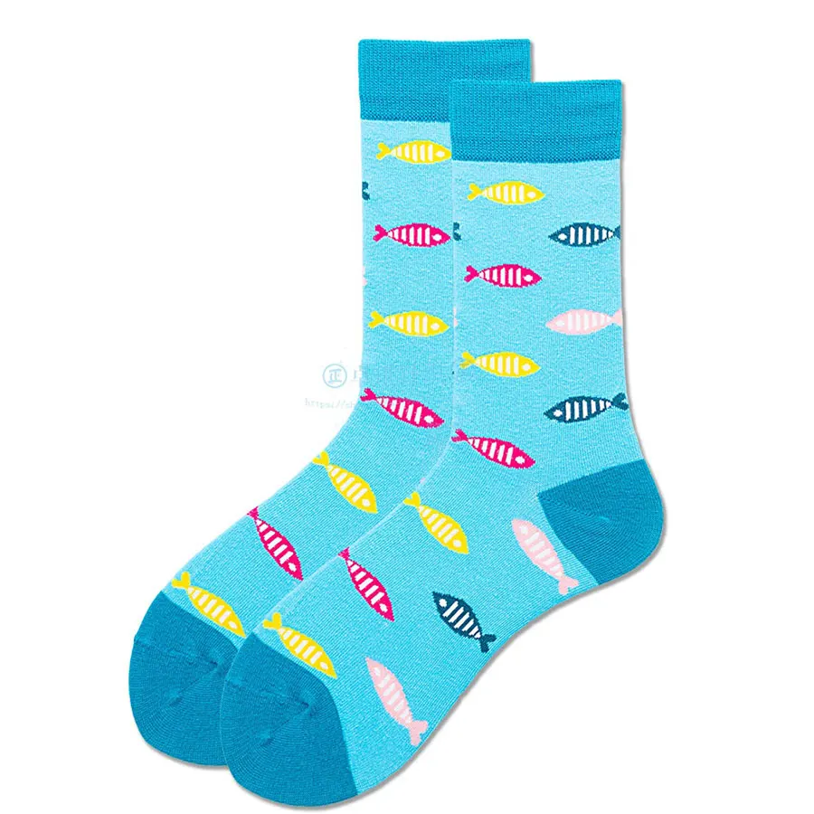 Милые забавные носки для женщин с геометрическим узором в виде фруктов и животных, вишневые, оранжевые, медузы, полосатые повседневные хлопковые носки - Цвет: Colorful fish