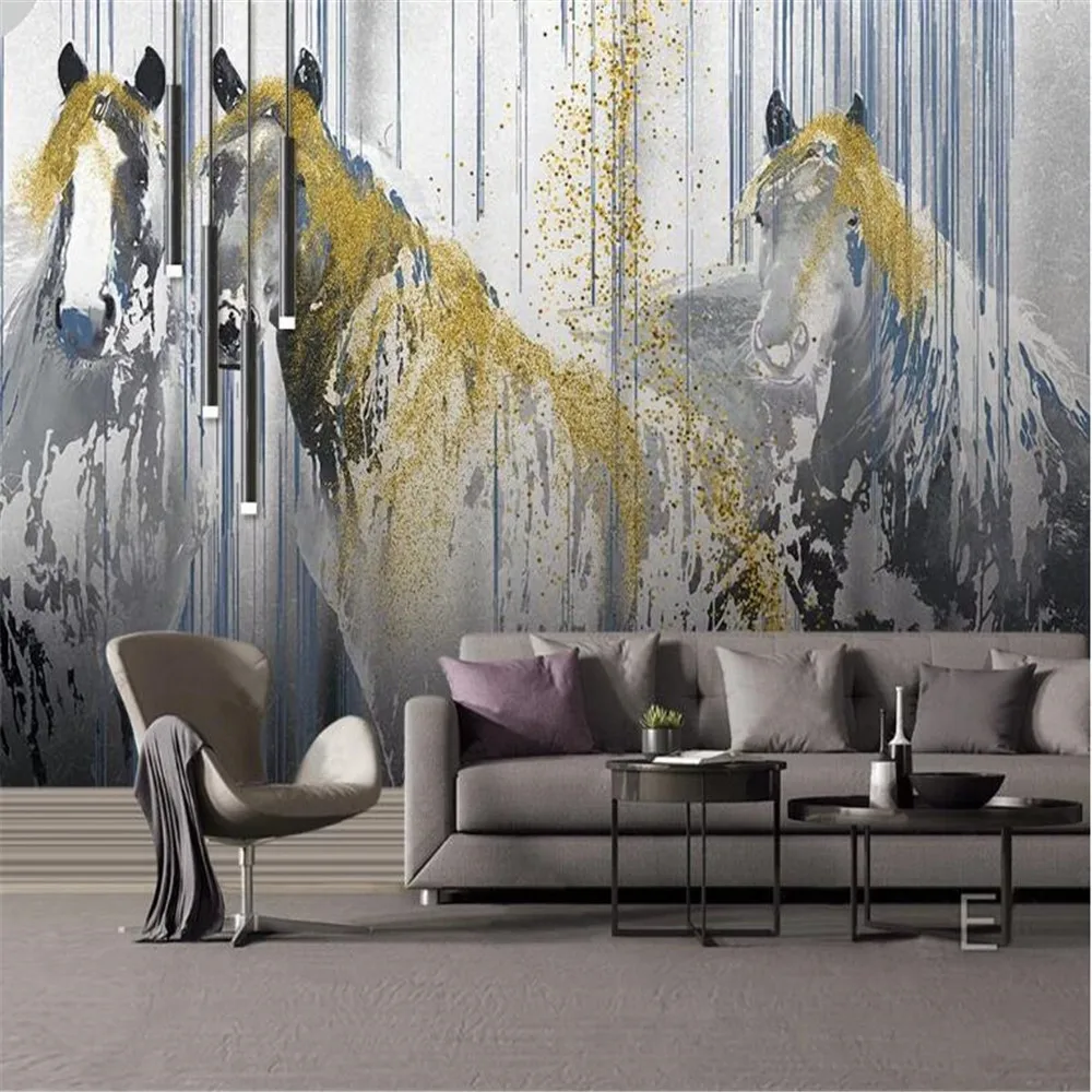 

Milofi custom 3D non-woven mural wallpaper Nordic minimalist hand-painted abstract golden horse background wall mural