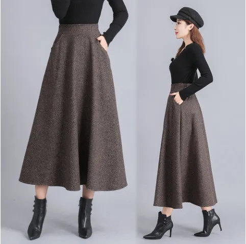 Осень-зима, шерстяные юбки для женщин, vestidos, для офиса, высокая талия, винтажная шерстяная юбка, плиссированная, макси, длинная юбка, fw661