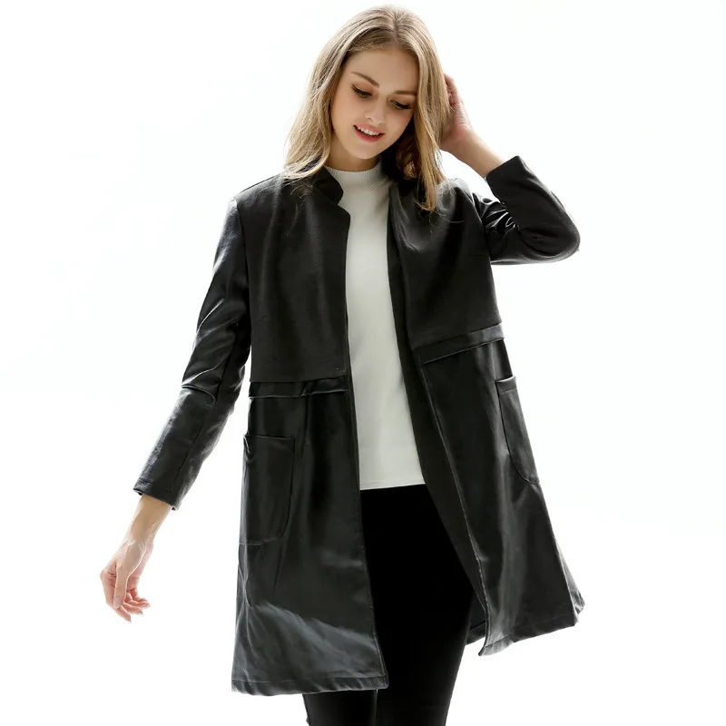 Черное пальто из искусственной кожи женская XL-5XL плюс размер тонкая куртка из искусственной кожи Осень Зима Новая стоячий воротник модная длинная куртка LR523
