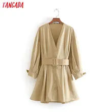 Tangada, модные винтажные платья с поясом, Женская туника, v-образный вырез, пуговицы, длинный рукав,, Осень-зима, мини платье, vestidos CE168