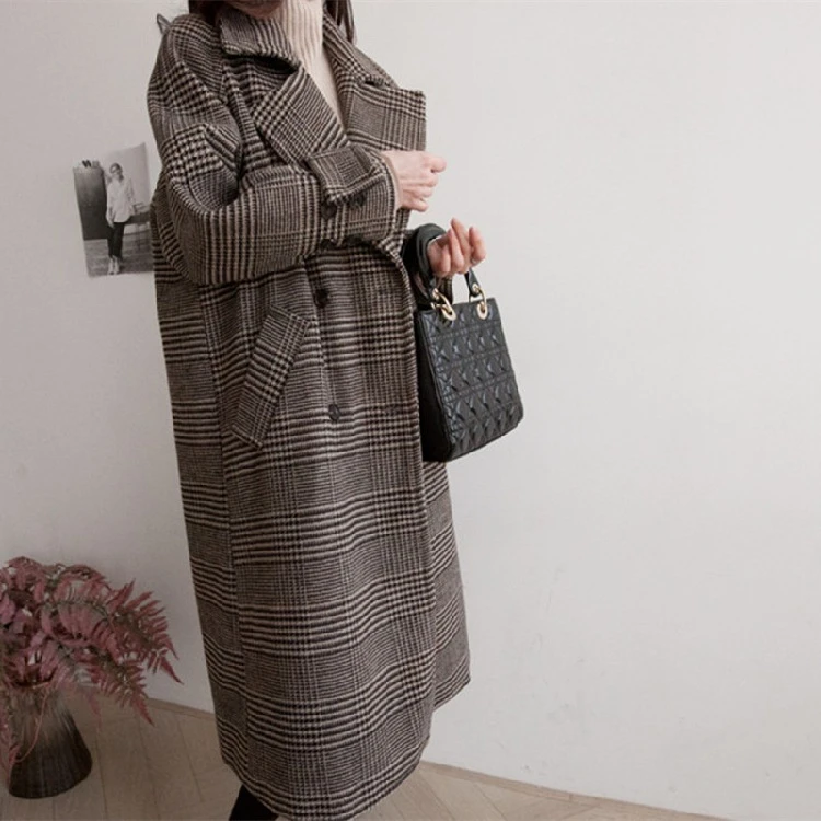 Женское пальто зимнее плотное шерстяное Женское пальто офисная клетчатая куртка женское ретро элегантное уличное стильное длинное пальто для женщин