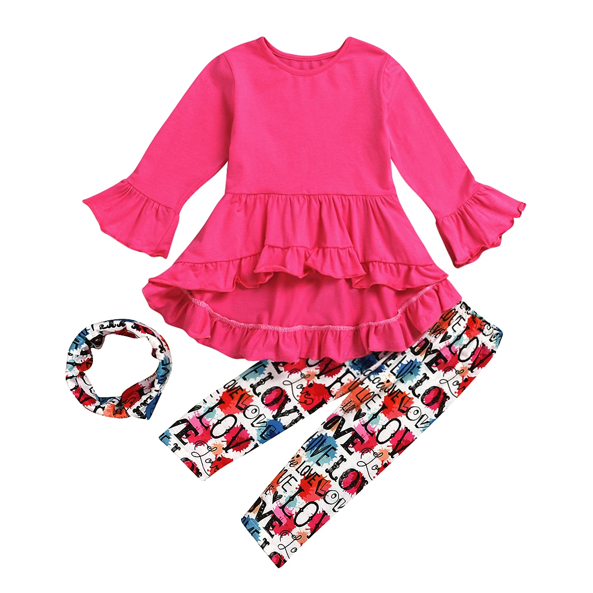 

Toddler Baby Kids Girls Valentines Day Clothes Ruffle Top LOVE Pants Scarf 3Pcs Outfits Autumn Long Flare Sleeve Letter Set 1-6Y