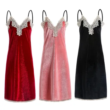 

Femlae Velour Nightgown Sexy Spaghetti Strap V-neck Home Dressing Gown Velvet Sleepwear Intimate Lingerie Lace Nightwear