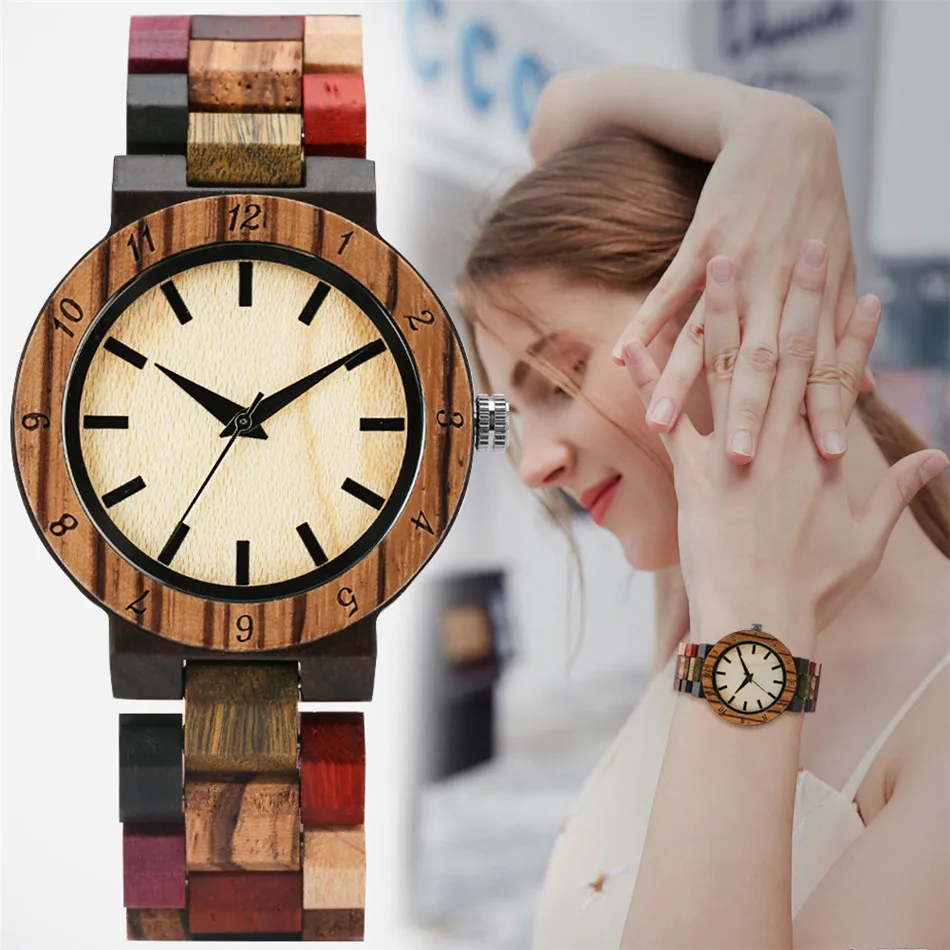 

Women Wood Bangle Watch Quartz Movement Lady Wooden Bracelet Watches Mixed Color Wristband Minimalist Dial Female Timepiece