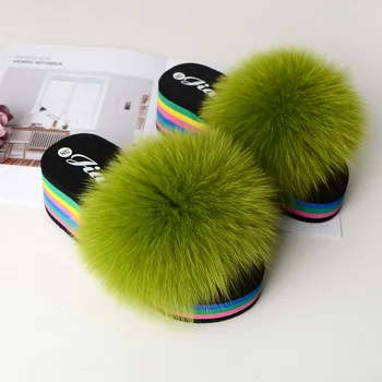 

2019 new fox hair wedge with ladies' flip-flops and fuzzy slippers