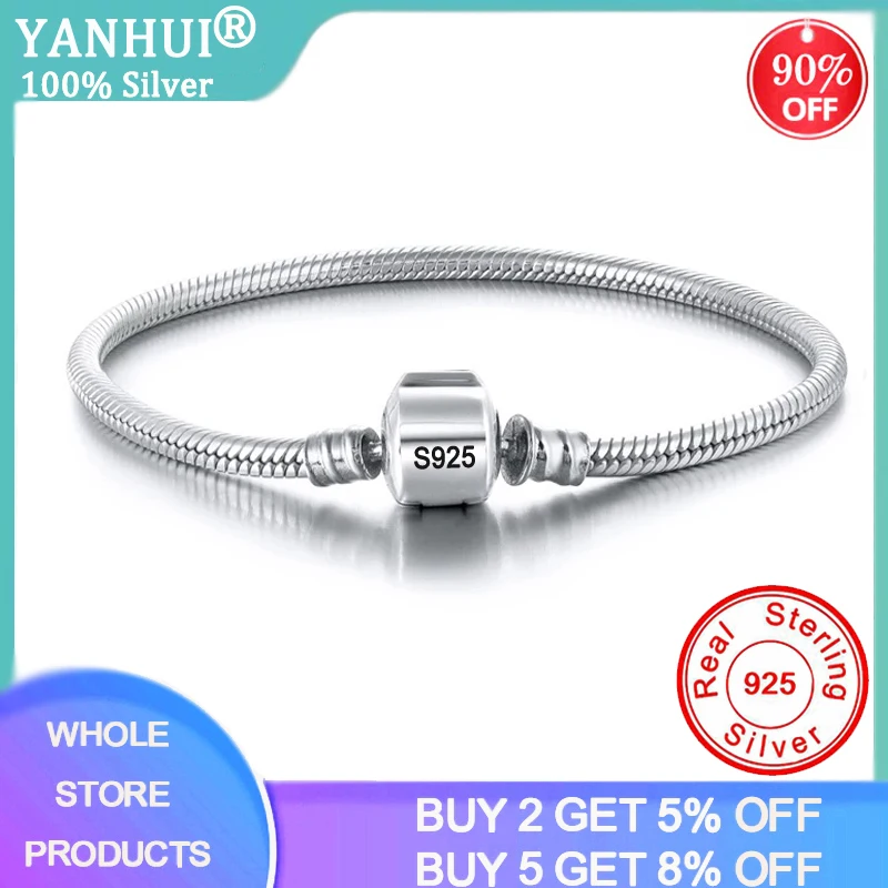 

Free Sent Certificate 100% Pure 925 Silver Charm Bracelet Bangle Original Pan Snake Chain Bracelets Fine Jewelry For Women SL925