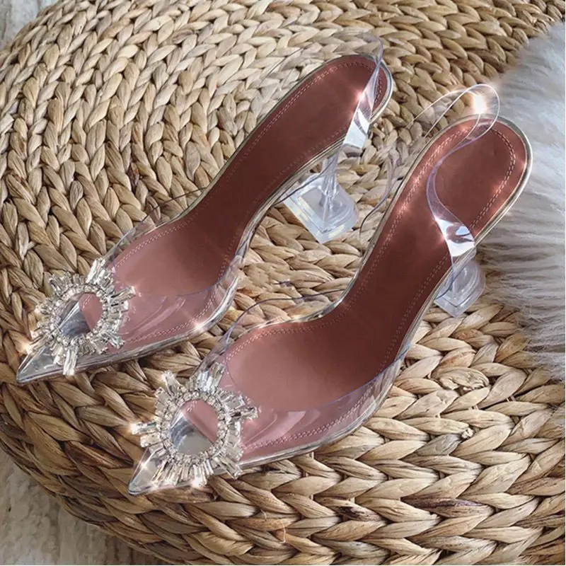 2022 New arrival burgundy pointed transparent sandals new stiletto rhinestone sexy Baotou high heels Wedding Shoes