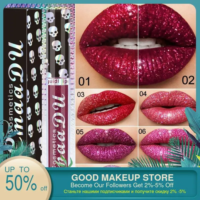 CmaaDu 8 цветов блеск для губ лазерная головка черепа алмазная фантомная помада