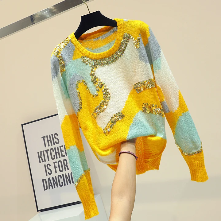 New Korean Women's Loose Sweater Girls Student Streetwear Lazy Wind Jumper Female Long Sleeve Sequins Knitted Shirt Pull Femme