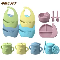 TYRY.HU Baby Silicone Plate Kids Bowl Plates  Snails Cartoon Cup Spoon Fork Set Baby Feeding Silicone Bowl Dishes Kids Tableware