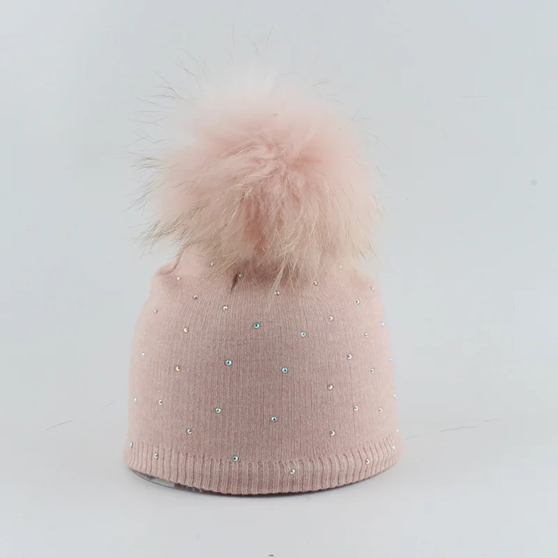 

Winter Hat Pompom Boy Girl Ribbed Wool Knit Beanie Rhinestone Real Raccoon Fur Autumn Warm Outdoor Skiing Accessory For Baby