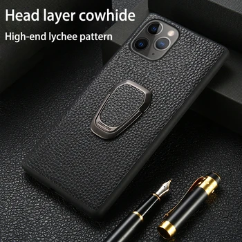 

Phone Case For iPhone 11 Pro Max Cowhide Litchi Texture With Bracket Genuine Leather For Apple X XS Max XR 9 8 7 6 6S Plus Cover