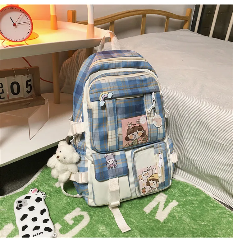 Kawaii College Style Canvas Grid Backpack - Limited Edition