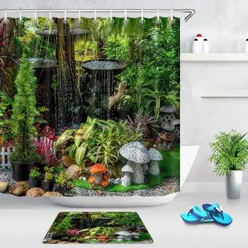 

Spring Garden Small Fountain Green Plant Shower Curtain Waterproof Polyester Fabric Bathroom Door Mat Bath Curtain with Hooks