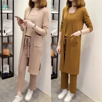 

Autumn Women Plus Size 3 Piece Sets Knitted Pullover Sweaters Tops Stretch Wide Leg Pants Cardigan Coat Women Sets