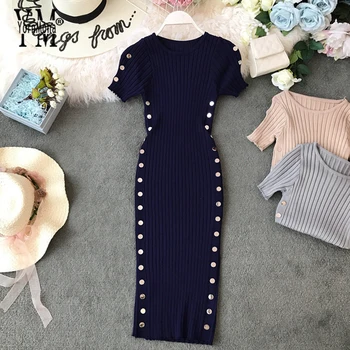 

Blue Button Elegant Ladies Dresses 2019 New Summer Knitted Office Dress Good Quality Women Knee Length Bodycon Dress Vestido