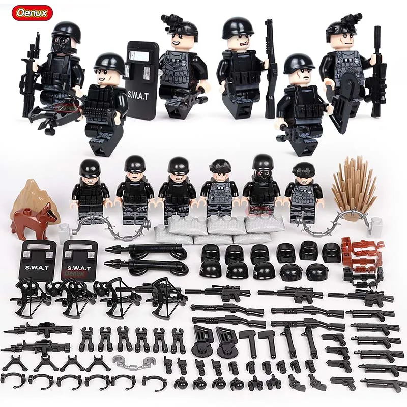 

Oenux New Military Mini City Police Figure WW2 Legoing Military SWAT Army Soldiers Weapons Building Block Brick Toy For Children