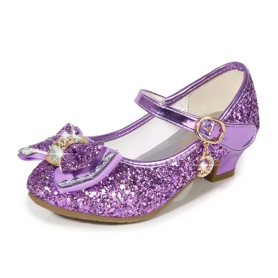 Детская кожаная обувь принцессы для девочек; Повседневная блестящая детская обувь на высоком каблуке с бантом-бабочкой; цвет синий, розовый, серебристый; 1217 - Цвет: Фиолетовый